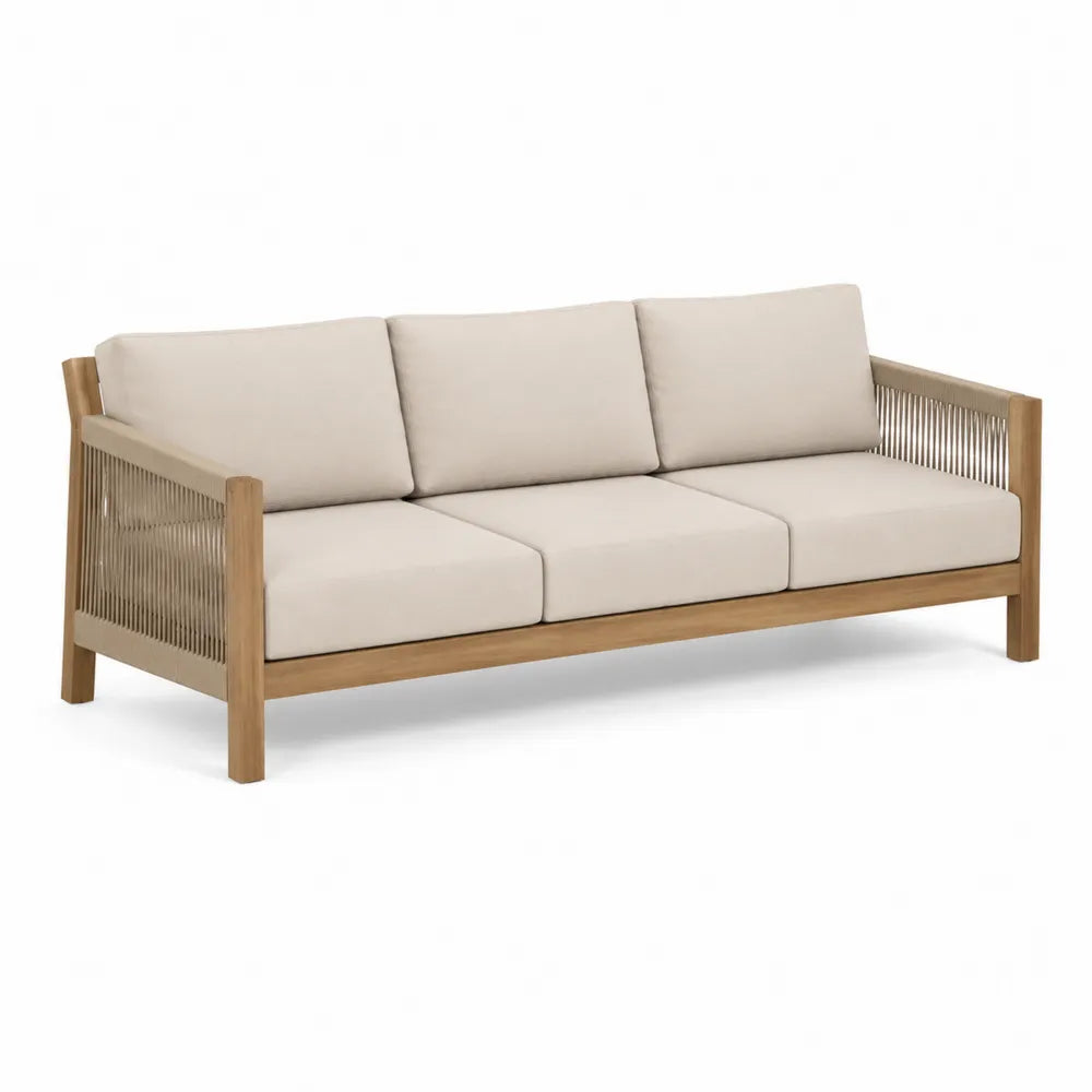 Sofa drewniana 3-osobowa teak i beżowa