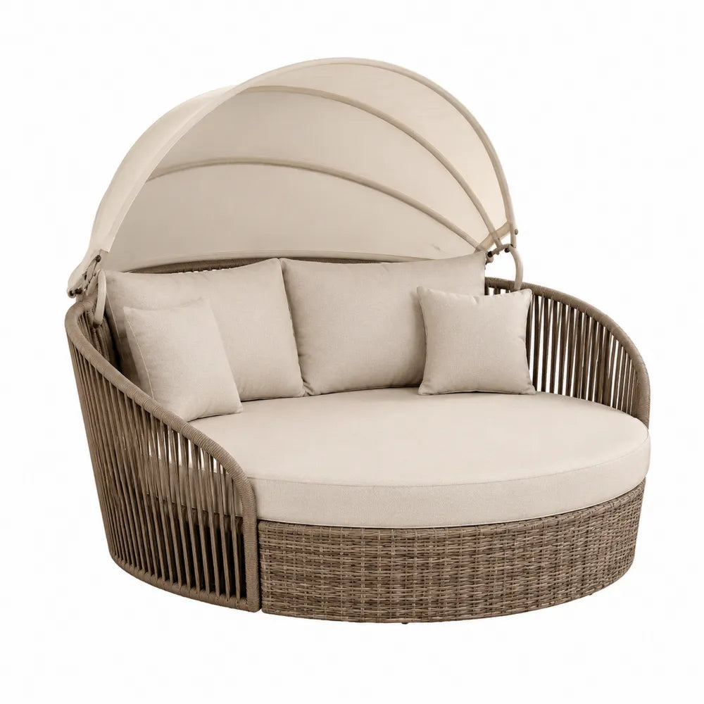 Leżak ogrodowy z baldachimem, rattan, beżowy, 180 cm