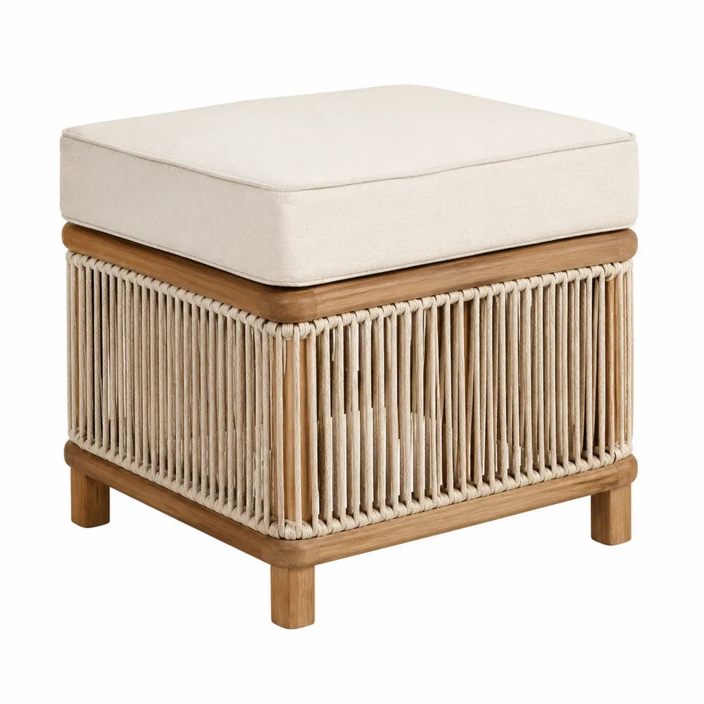 Pufa z poduszką z pianki i drewna teak, beżowa 45cm