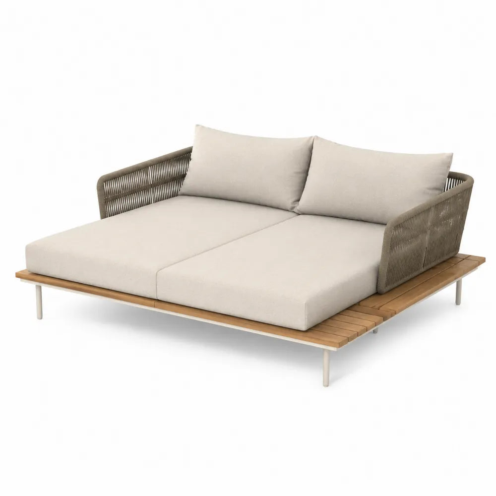 Dwuosobowa sofa ogrodowa z drewna teak i stali nierdzewnej beżowa 200 cm
