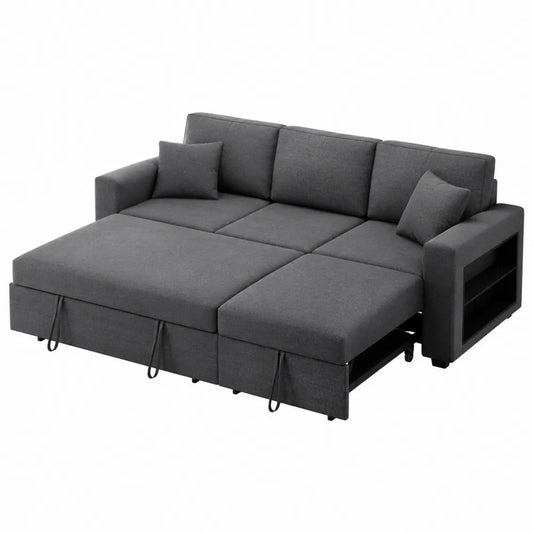 Rozkładana sofa narożna 3-osobowa z tkaniny poliestrowej ciemnoszara