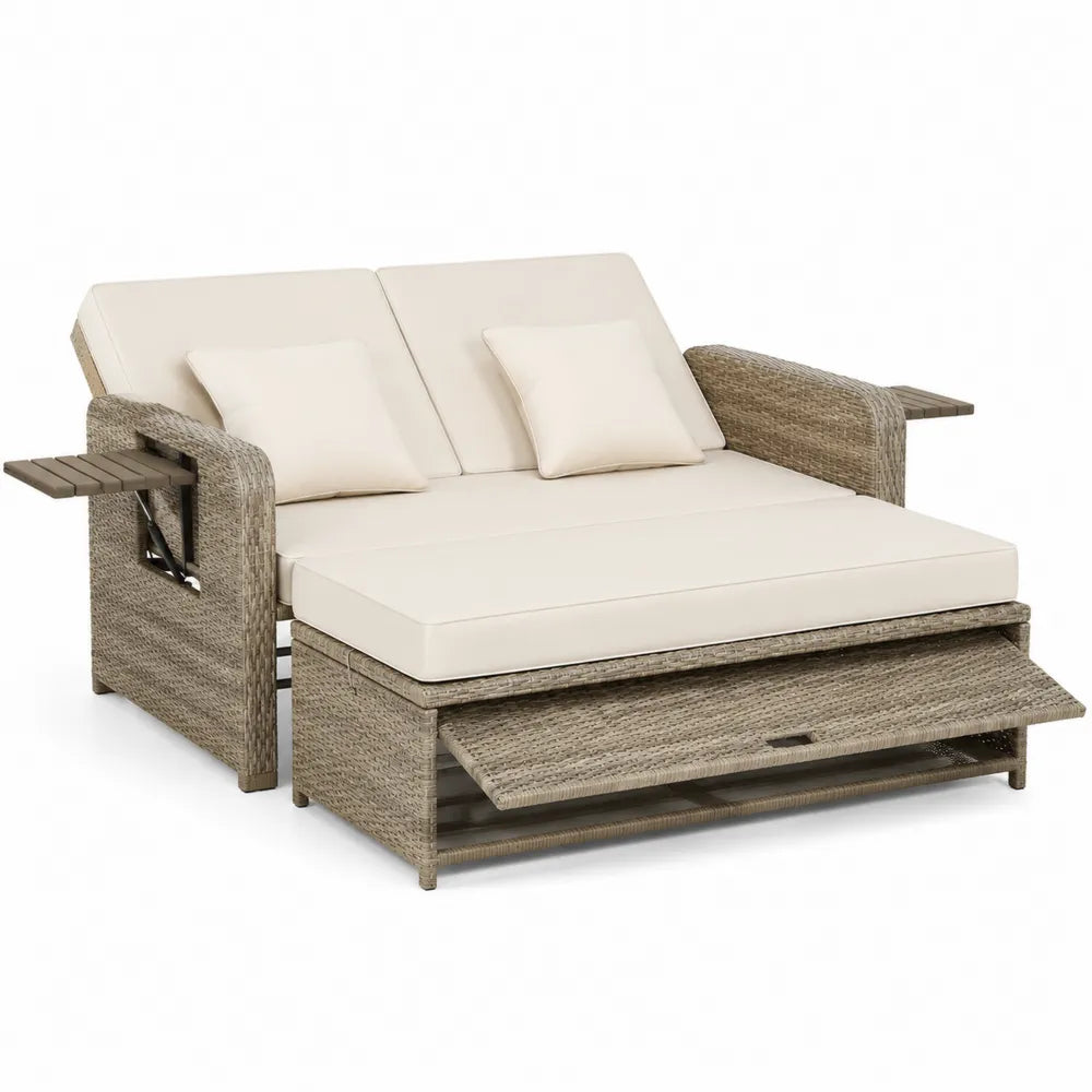 Rozkładana sofa z technorattanu beżowa