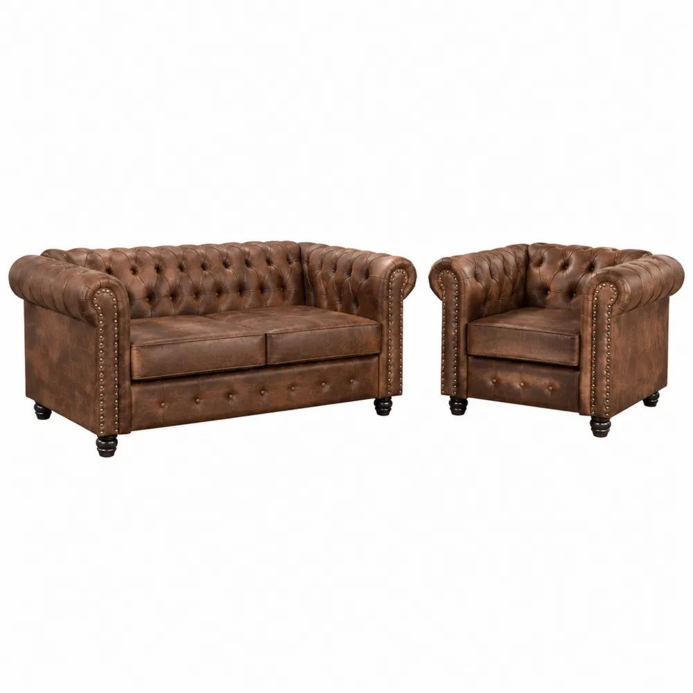 Zestaw wypoczynkowy Chesterfield kanapa i fotel skóra PU brązowy