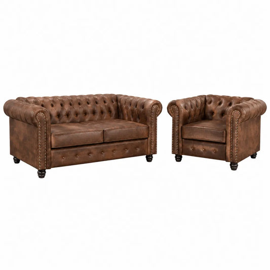Zestaw wypoczynkowy Chesterfield kanapa i fotel skóra PU brązowy