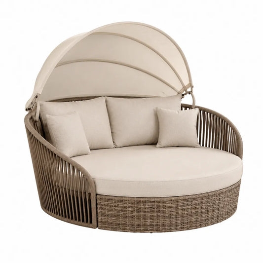 Leżak ogrodowy z baldachimem, rattan, beżowy, 180 cm