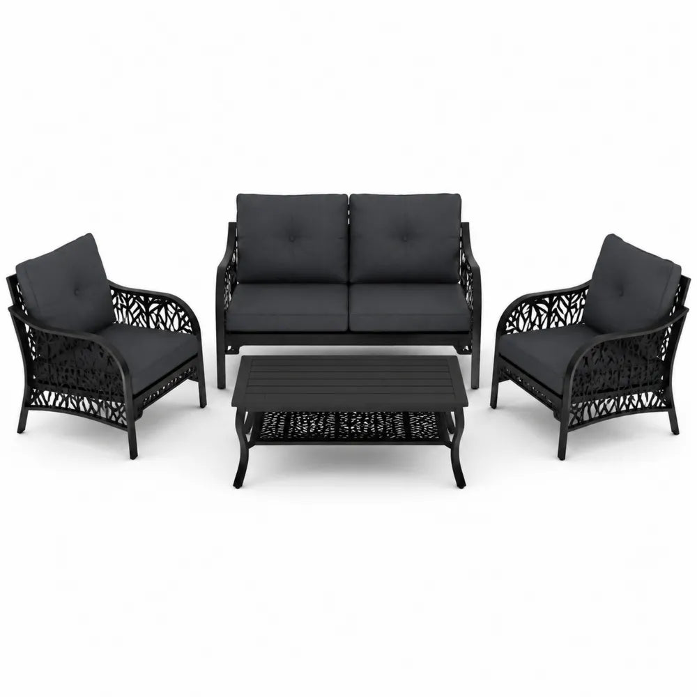Zestaw mebli: 2 fotele, sofa, stolik, aluminium, czarny