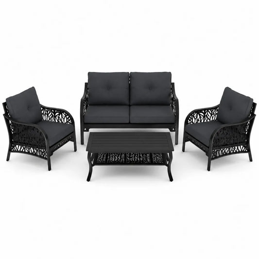 Zestaw mebli: 2 fotele, sofa, stolik, aluminium, czarny